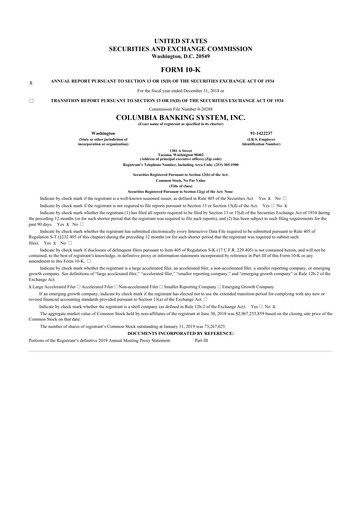 Thumbnail Columbia Banking System 10-K Annual Report 2018