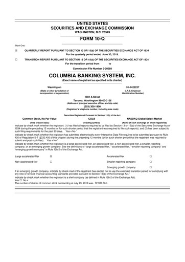Thumbnail Columbia Banking System 10-Q Quarterly Report FY2019 