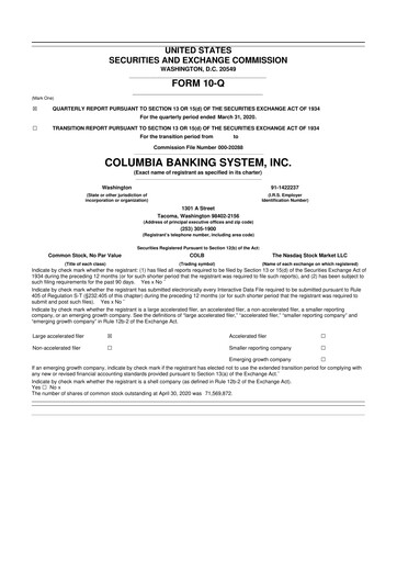 Thumbnail Columbia Banking System 10-Q Quarterly Report FY2020 