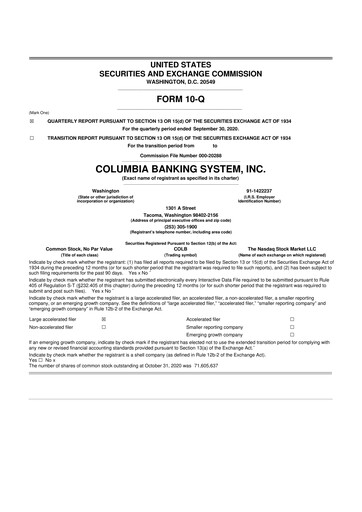 Thumbnail Columbia Banking System 10-Q Quarterly Report FY2020 