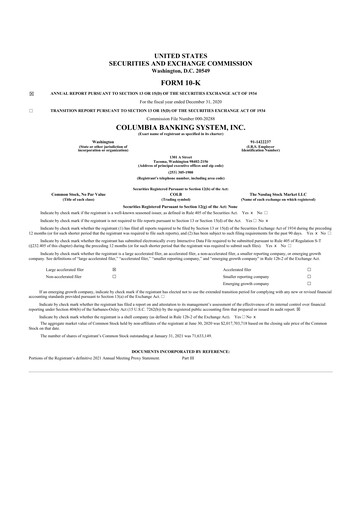 Thumbnail Columbia Banking System 10-K Annual Report 2020