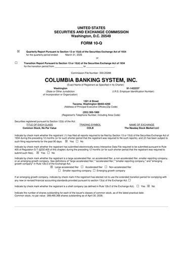 Thumbnail Columbia Banking System 10-Q Quarterly Report FY 