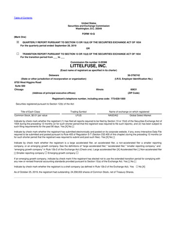 Thumbnail Littelfuse 10-Q Quarterly Report FY2019 