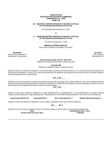 Thumbnail Minerals Technologies 10-Q Quarterly Report FY2012 
