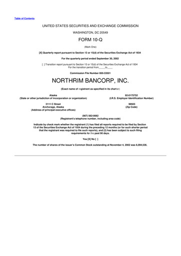 Thumbnail Northrim BanCorp 10-Q Quarterly Report FY 