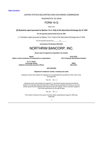 Thumbnail Northrim BanCorp 10-Q Quarterly Report FY 