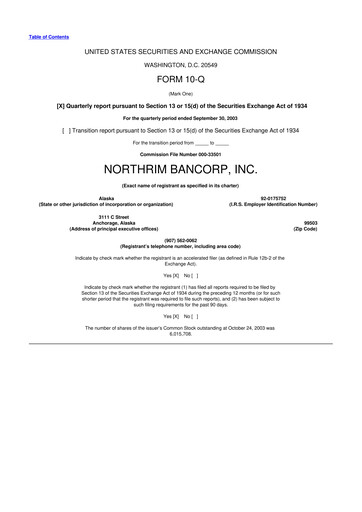 Thumbnail Northrim BanCorp 10-Q Quarterly Report FY 