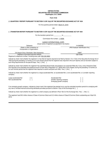 Thumbnail Albany International
 10-Q Quarterly Report FY2018 