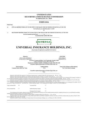 Thumbnail Universal Insurance Holdings 10-K Annual Report 2019