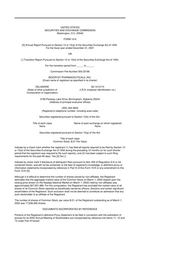 Thumbnail BioCryst Pharmaceuticals
 10-K Annual Report 2001