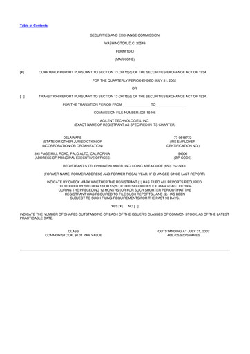 Thumbnail Agilent Technologies 10-Q Quarterly Report FY 