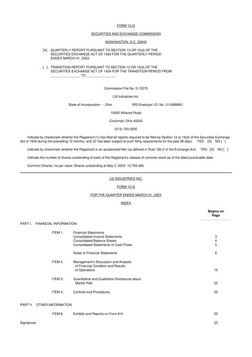 Miniature LSI Industries 10-Q Rapport trimestriel  