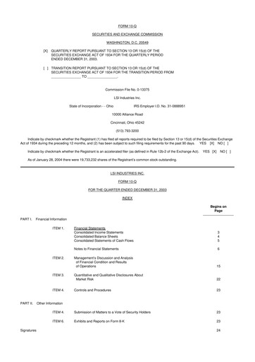 Miniature LSI Industries 10-Q Rapport trimestriel  