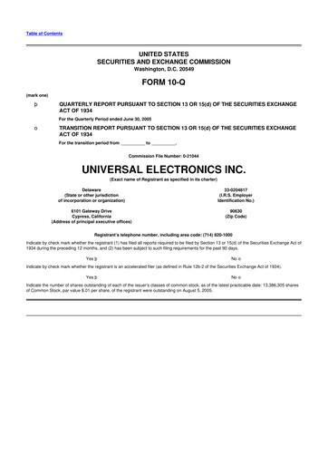 Miniature Universal Electronics 10-Q Rapport trimestriel  