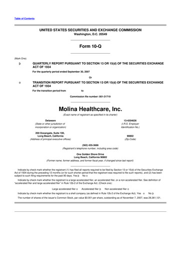Thumbnail Molina Healthcare
 10-Q Quarterly Report FY 