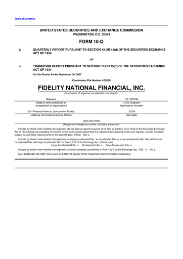 Thumbnail Fidelity National Financial
 10-Q Quarterly Report FY 