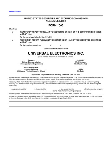 Miniature Universal Electronics 10-Q Rapport trimestriel  