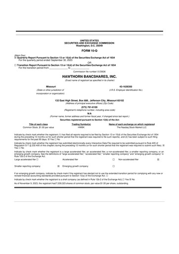 Thumbnail Hawthorn Bancshares 10-Q Quarterly Report FY2023 