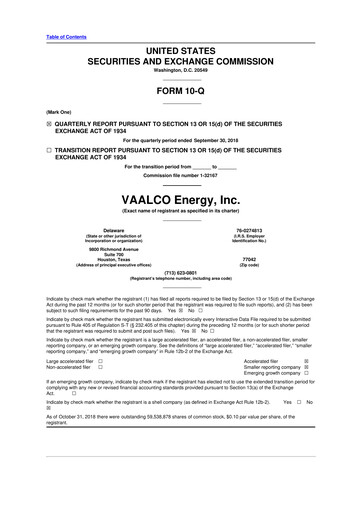 Miniature Vaalco Energy
 10-Q Rapport trimestriel  