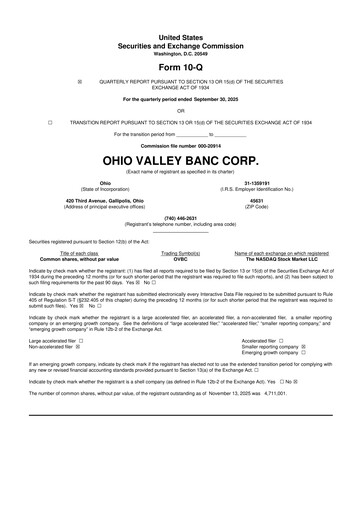 Thumbnail Ohio Valley Banc Corp 10-Q Quarterly Report FY2025 