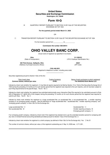 Thumbnail Ohio Valley Banc Corp 10-Q Quarterly Report FY 