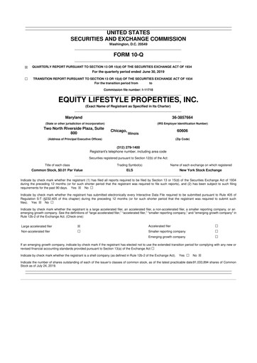 Thumbnail Equity LifeStyle Properties 10-Q Quarterly Report FY2019 