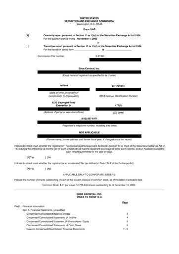 Thumbnail Shoe Carnival
 10-Q Quarterly Report FY 