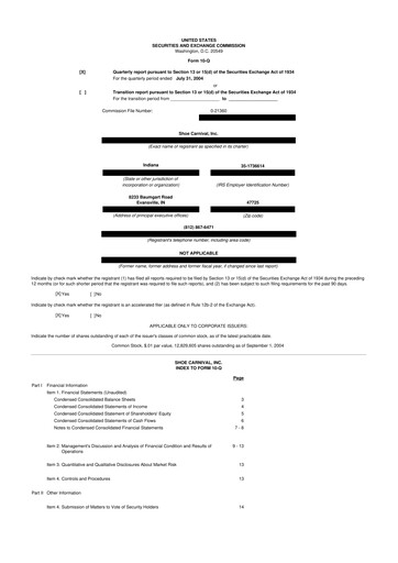 Thumbnail Shoe Carnival
 10-Q Quarterly Report FY 