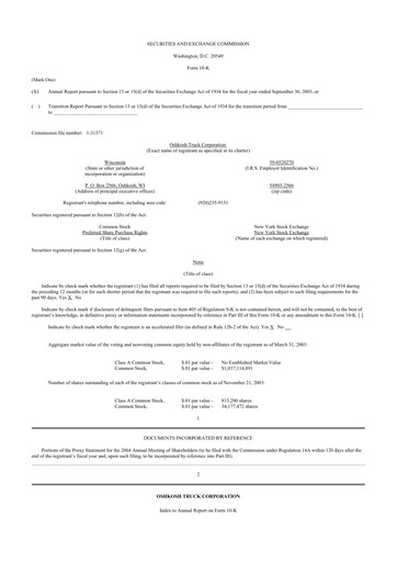 Thumbnail Oshkosh Corporation
 10-K Annual Report 