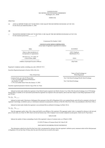 Thumbnail Coeur Mining
 10-K Annual Report 