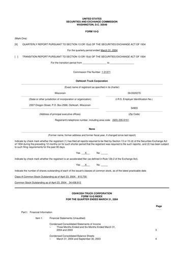 Thumbnail Oshkosh Corporation
 10-Q Quarterly Report FY 