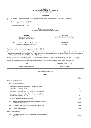 Thumbnail Snap-on 10-Q Quarterly Report FY 