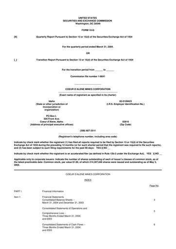 Thumbnail Coeur Mining
 10-Q Quarterly Report FY 