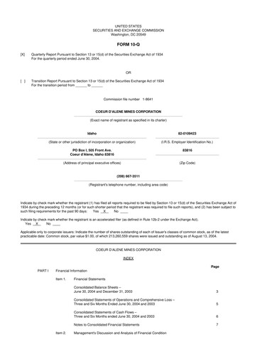 Thumbnail Coeur Mining
 10-Q Quarterly Report FY 