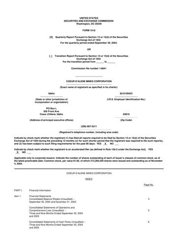 Thumbnail Coeur Mining
 10-Q Quarterly Report FY 