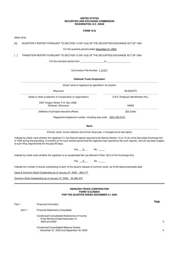 Thumbnail Oshkosh Corporation
 10-Q Quarterly Report FY 