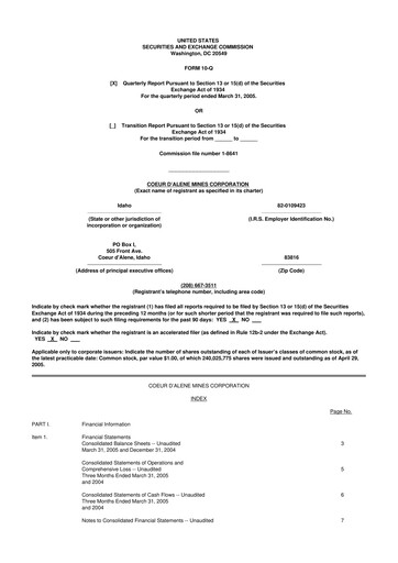 Thumbnail Coeur Mining
 10-Q Quarterly Report FY 