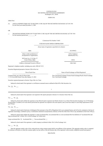 Thumbnail Coeur Mining
 10-K Annual Report 