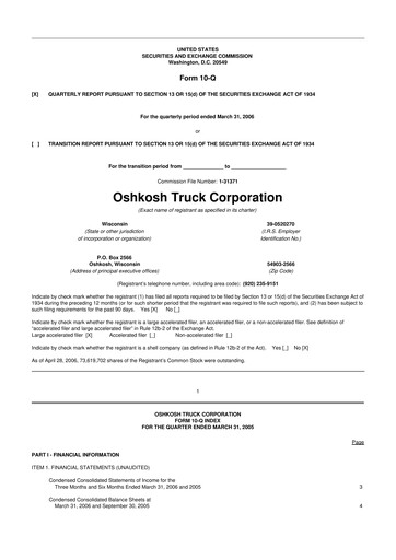 Thumbnail Oshkosh Corporation
 10-Q Quarterly Report FY 