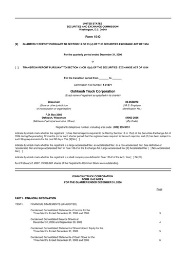 Thumbnail Oshkosh Corporation
 10-Q Quarterly Report FY 
