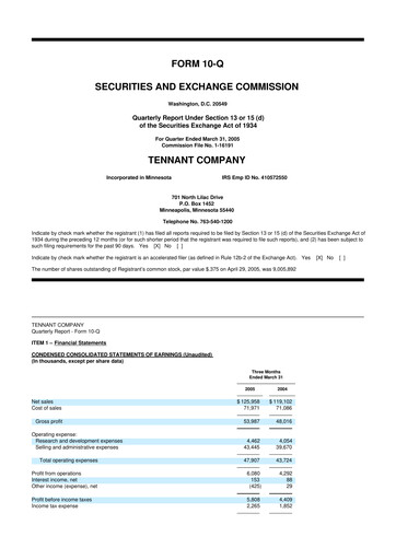 Thumbnail Tennant Company
 10-Q Quarterly Report FY 