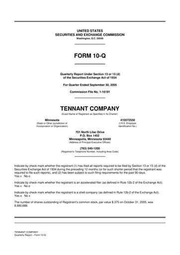 Thumbnail Tennant Company
 10-Q Quarterly Report FY 