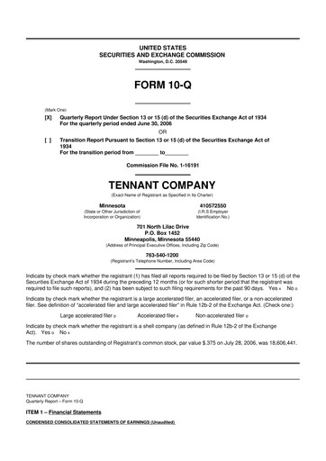 Thumbnail Tennant Company
 10-Q Quarterly Report FY 