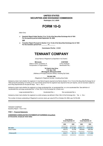 Thumbnail Tennant Company
 10-Q Quarterly Report FY 