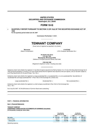 Thumbnail Tennant Company
 10-Q Quarterly Report FY 