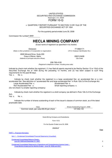 Thumbnail Hecla Mining
 10-Q Quarterly Report FY 