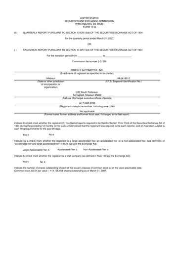 Thumbnail O'Reilly Automotive 10-Q Quarterly Report FY 