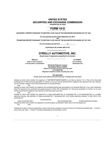 Thumbnail O'Reilly Automotive 10-Q Quarterly Report FY2012 