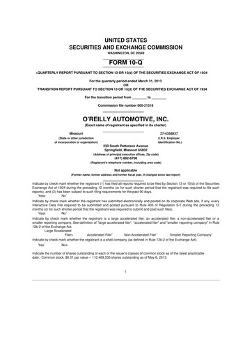 Thumbnail O'Reilly Automotive 10-Q Quarterly Report FY2013 