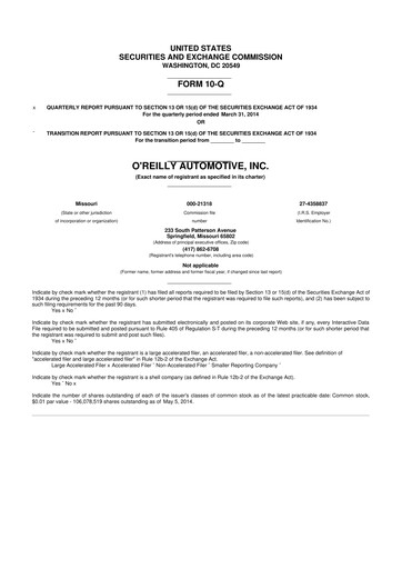 Thumbnail O'Reilly Automotive 10-Q Quarterly Report FY2014 